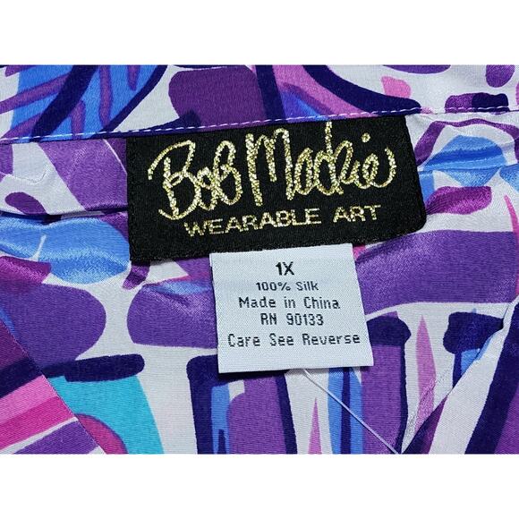 Bob Mackie Wearable Art Silk Shirt Purple Pink Cat Parrot Monkey Print 1X PLUS - Picture 2 of 10